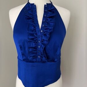 Open Back Silk Halter Top Shirt Designer Elegant Backless Blue Shirt Womens 6 M